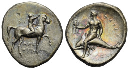 Calabria. Tarentum. Nomos struck under Arethon, Sy- and Kas (Magistrates). Circa 302-280 BC (Silver, 22.66 mm, 7.59 g). ΣΑ / APE / ΘΩN, Youth on horse...