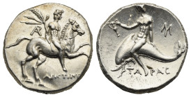 Calabria. Tarentum. Nomos struck under Aristippos (Magistrate). Circa 240-228 BC (SIlver, 20.75 mm, 6.67 g). APICTIΠΠ[OC], Youth on horseback right, h...