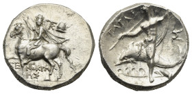 Calabria. Tarentum. Nomos struck under Xenocrates, Trc-, and So- (Magistrates). Circa 240-228 BC (Silver, 20.22 mm, 6.54 g). XE - NOKRA / T - HS, Cuir...