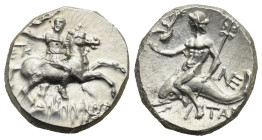 Calabria. Tarentum. Nomos struck under Kallikrates (Magistrate). Circa 240-228 BC (Silver, 18.84 mm, 6.30 g). [KA]ΛΛ[IKPA / TH]Σ, Horseman in military...