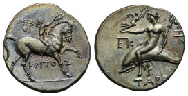 Calabria. Tarentum. Half Shekel struck under Kritos (Magistrate). Punic occupation, circa 212-209 BC (Silver, 19.69 mm, 3.62 g). KPITO - Σ, Youth on h...