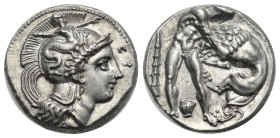 Lucania. Heraclea. Stater struck under Eu- and Apol- (Magistrates). Circa 390-340 BC (Silver, 20.44 mm, 7.98 g). Head of Athena right, wearing Attic h...