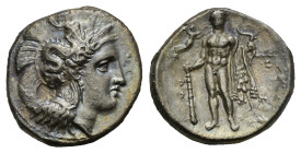 Lucania. Heraclea. Stater. Circa 330-280 BC (Silver, 21.87 mm, 7.57 g). Head of Athena right, wearing Attic helmet decorated with Skylla hurling a sto...