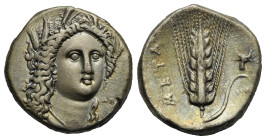 Lucania. Metapontum. Stater. Circa 330-290 BC (Silver, 20.56 mm, 7.73 g). Wreathed head of Demeter facing slightly right; in lower right field, AΠ. Re...
