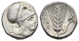 Lucania. Metapontum. Stater. Circa 330-290 BC (Silver, 18.39 mm, 7.80 g). Helmeted head of Athena right; behind, ΣΑ. Rev. META, Ear of grain with leaf...