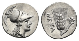 Lucania. Metapontum. Half Shekel. Punic occupation, circa 215-207 BC (Silver, 18.48 mm, 3.71 g). Helmeted head of Athena right. Rev. META, Ear of grai...