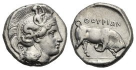 Lucania. Thurium. Distater. Circa 380-350 BC (Silver, 25.51 mm, 15.56 g). Head of Athena right, wearing crested helmet decorated with Scylla hurling s...