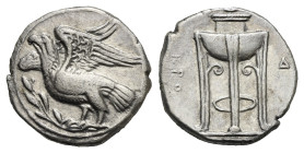 Bruttium. Croton. Didrachm. Circa 350-300 BC (Silver, 22.41 mm, 7.63 g). Eagle standing left on olive branch. Rev. KPO - Δ, Tripod with legs ending in...