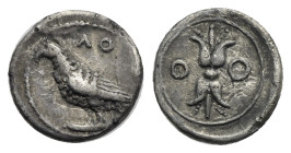Bruttium. Lokroi Epizephyrioi. Diobol. Circa 375-330 BC (Silver, 10.71 mm, 0.61 g). ΛΟ, Eagle with closed wings standing left; at the bottom left, alm...