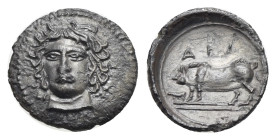 Sicily. Abakainon. Litra. Circa 410-400 BC (Silver, 11.41 mm, 0.61 g). Female head facing slightly left. Rev. ABA, Wild sow left, with piglet. Campana...