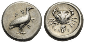 Sicily. Akragas. Didrachm. Circa 480-470 BC (Silver, 19.08 mm, 8.67 g). AK - RA, Sea eagle standing right. Rev. CA - Σ, Crab; below, male head right; ...