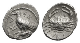 Sicily. Akragas. Litra. Circa 450-439 BC (Silver, 10.24 mm, 0.45 g). AK - PA, Sea eagle standing left on Ionic capital. Rev. Crab; below, ΛI (mark of ...