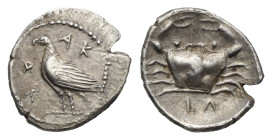 Sicily. Akragas. Litra. Circa 450-439 BC (Silver, 10.58 mm, 0.65 g). AK - PA, Sea eagle standing left on Ionic capital. Rev. Crab; below, IΛ (mark of ...