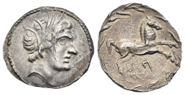 Sicily. Akragas. Half Shekel. Punic occupation, circa 213-211 BC (Silver, 20.56 mm, 3.12 g). Wreathed male head right (Triptolemos?). Rev. Horse leapi...