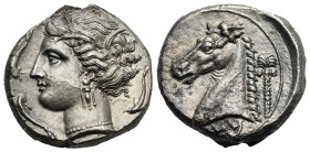 Sicily. Entella (?). Tetradrachm. Punic occupation, circa 320-300 BC (Silver, 24.99 mm, 16.41 g). Wreathed head of Tanit-Persephone left, with triple-...