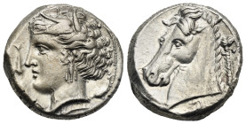 Sicily. Entella (?). Tetradrachm. Punic occupation, circa 320-300 BC (Silver, 24.85 mm, 17.15 g). Wreathed head of Tanit-Persephone left, with triple-...