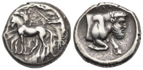 Sicily. Gela. Tetradrachm. Circa 420-415 BC (Silver, 24.84 mm, 17.27 g). Charioteer driving slow quadriga left, holding kentron and reins; above, Nike...