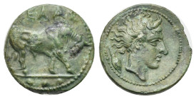 Sicily. Gela. Tetras. Circa 420-405 BC (Bronze, 16.65 mm, 2.67 g). ΓΕΛΑΣ, Bull standing right, head lowered; three pellets (mark of value) in exergue....