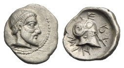 Sicily. Himera. Litra. Circa 470-450 BC (Silver, 10.92 mm, 0.68 g). Bearded and diademed head right. Rev. IM - E - RA - N, Corinthian helmet right. SN...
