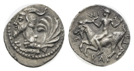 Sicily. Himera. Litra. Circa 470-450 BC (Silver, 12.21 mm, 0.76 g). Forepart of a human-headed monster left, bearded, with goat's horns, wings and a l...