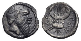 Sicily. Katane. Litra. Circa 461-450 BC (Silver, 10.81 mm, 0.82 g). Bald and bearded head of Silenos right, wearing ivy wreath. Rev. KAT - ANE (retrog...