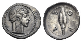 Sicily. Leontinoi. Litra. Circa 466-460 BC (Silver, 13.07 mm, 0.62 g). Laureate head of Apollo right. Rev. ΛE - ON, Barley grain. Boehringer, Münzgesc...