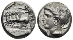 Sicily. Lilybaion (as Cape of Melqart). Tetradrachm. Punic occupation, circa 330-305 BC (Silver, 21.73 mm, 16.95 g). Charioteer driving fast quadriga ...