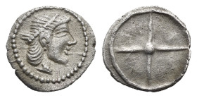 Sicily. Syracuse. 'Barbarische' Obol struck under the Deinomenid tyranny. Circa 485-470 BC (Silver, 9.90 mm, 0.44 g). Diademed head of Arethusa right....