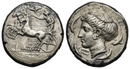 Sicily. Syracuse. Tetradrachm struck under the second democracy. Circa 415-405 BC (Silver, 25.32 mm, 17.15 g). Charioteer driving fast quadriga pracin...