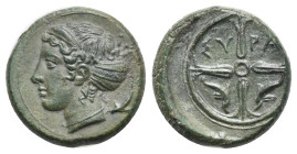 Sicily. Syracuse. Hemilitron struck under the second democracy. Circa 415-405 BC (Bronze, 16.16 mm, 3.93). Head of Arethusa left, hair in sphendone in...