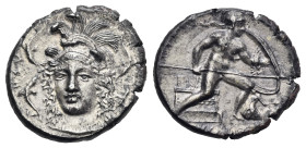 Sicily. Syracuse. Drachm struck under Dionysios I. Circa 405-400 BC (Silver, 17.31 mm, 4.24 g). ΣΥ - [Ρ - A - K - OΣI] - ΩN, Helmeted head of Athena f...