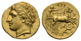 Sicily. Syracuse. Dekadrachm or 50 Litrae struck under Agathokles. Circa 317-289 BC (Gold, 16.31 mm, 4.26 g). Laureate head of Apollo leFt; below, Σ r...