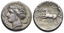 Sicily. Syracuse. Tetradrachm struck under Agathokles. Circa 317-310 BC (Silver, 25.36 mm, 17.05 g). Wreathed head of Arethusa left; NK beneath neck t...