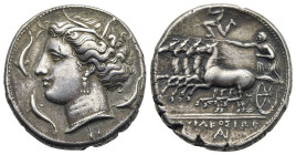 Sicily. Syracuse. Tetradrachm struck under Agathokles. Circa 317-310 BC (Silver, 27 mm, 16.90 g). Wreathed head of Arethusa left; ΦI beneath neck trun...