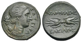 Sicily. Syracuse. Bronze struck under Agathokles. Circa 295-289 BC (Bronze, 22.52 mm, 9.05 g). ΣΩTEIPA, Draped bust of Artemis Soteira to right, quive...