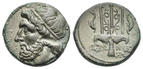 Sicily. Syracuse. Tetras struck under Hieron II. Circa 240-215 BC (Bronze, 20.12 mm, 6.37 g). Diademed head of Poseidon left. Rev. IEP - ΩΝΟΣ, Ornamen...