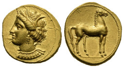 The Carthaginians in Italy, Sicily, Sardinia and North Africa. Carthago (?). Stater. Circa 350-320 BC (Gold, 19.3 mm, 9.58 g). Wreathed head of Tanit ...