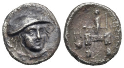 Thrace. Ainos. Drachm. Circa 357-341 BC (Silver, 17.65 mm, 3.24 g). Head of Hermes facing slightly right, wearing petasos. Rev. AINION, Archaic cult i...