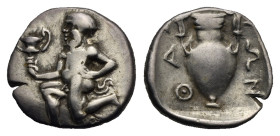 Islands off Thrace. Thasos. Trihemiobol. Circa 412-404 BC (Silver, 11.85 mm, 1.00 g). Satyr kneeling left, holding kylix. Rev. ΘA[Σ] - IΩN, Amphora; a...