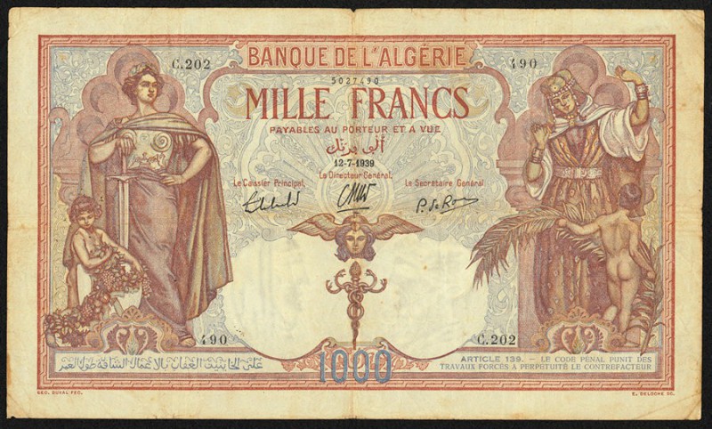 Algeria Banque de l'Algerie 1000 Francs 12.7.1939 Pick 83a Fine. 

HID0980124201...
