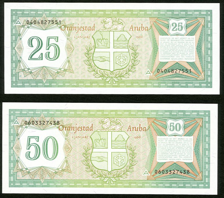 Aruba Banco Central Di Aruba 25; 50 Florin 1.1.1986 Pick 3; 4 Choice Crisp Uncir...