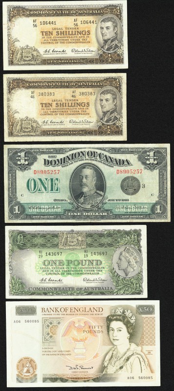 A Selection of Five Bank Notes from Australia (3), Canada (1), and Great Britain...