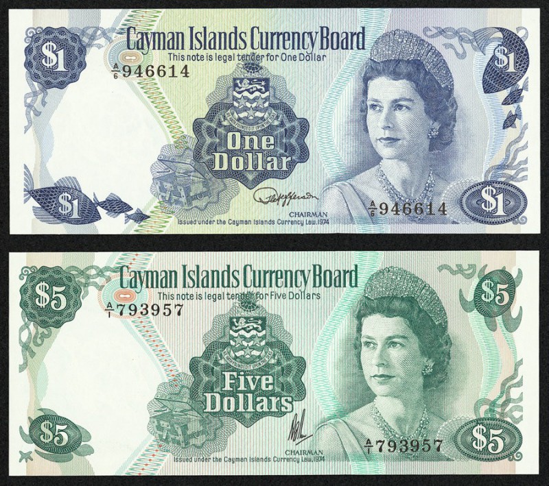 Cayman Islands Cayman Islands Currency Board $1; $5 L. 1974 Pick 5e; 6a Gem Cris...