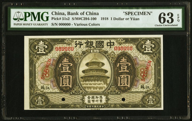China Bank of China 1 Yuan 9.1918 Pick 51s2 S/M#C294-100 Specimen PMG Choice Unc...