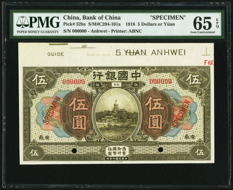 China Bank of China, Anhwei 5 Yuan 9.1918 Pick 52Bs S/M#C294-101 Specimen PMG Ge...