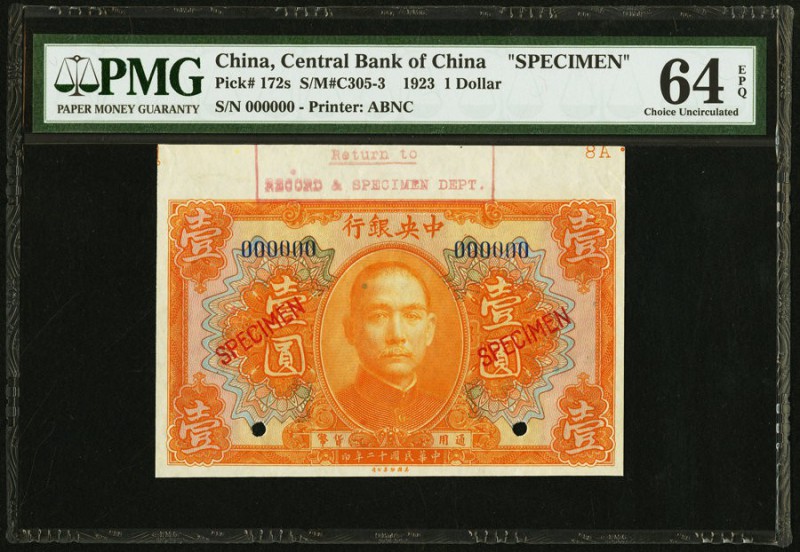 China Central Bank of China 1 Dollar 1923 Pick 172s S/M#C305-3 Specimen PMG Choi...