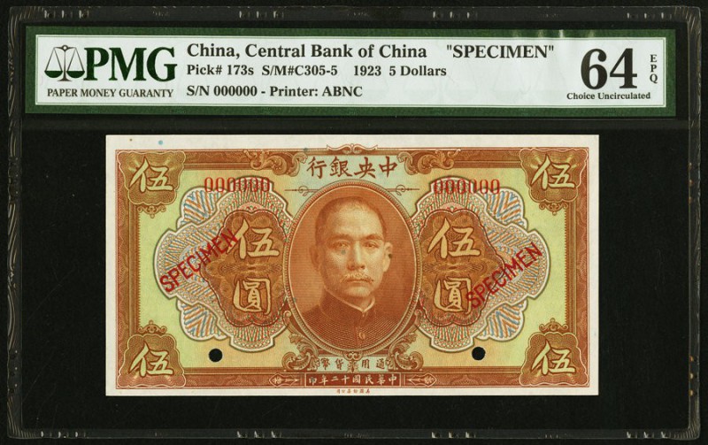 China Central Bank of China 5 Dollars 1923 Pick 173s S/M#C305-5 Specimen PMG Cho...