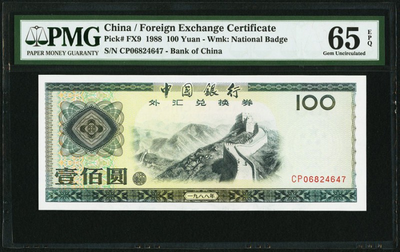 China Bank of China, Foreign Exchange Certificate 100 Yuan 1988 Pick FX9 PMG Gem...