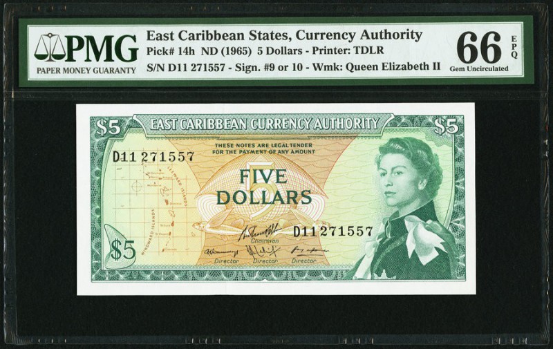 East Caribbean States Currency Authority 5 Dollars ND (1965) Pick 14h PMG Gem Un...
