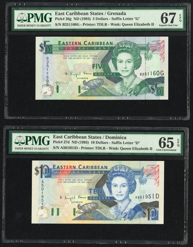 East Caribbean States Central Bank, Grenada, Dominica 5; 10 Dollars ND (1993) Pi...